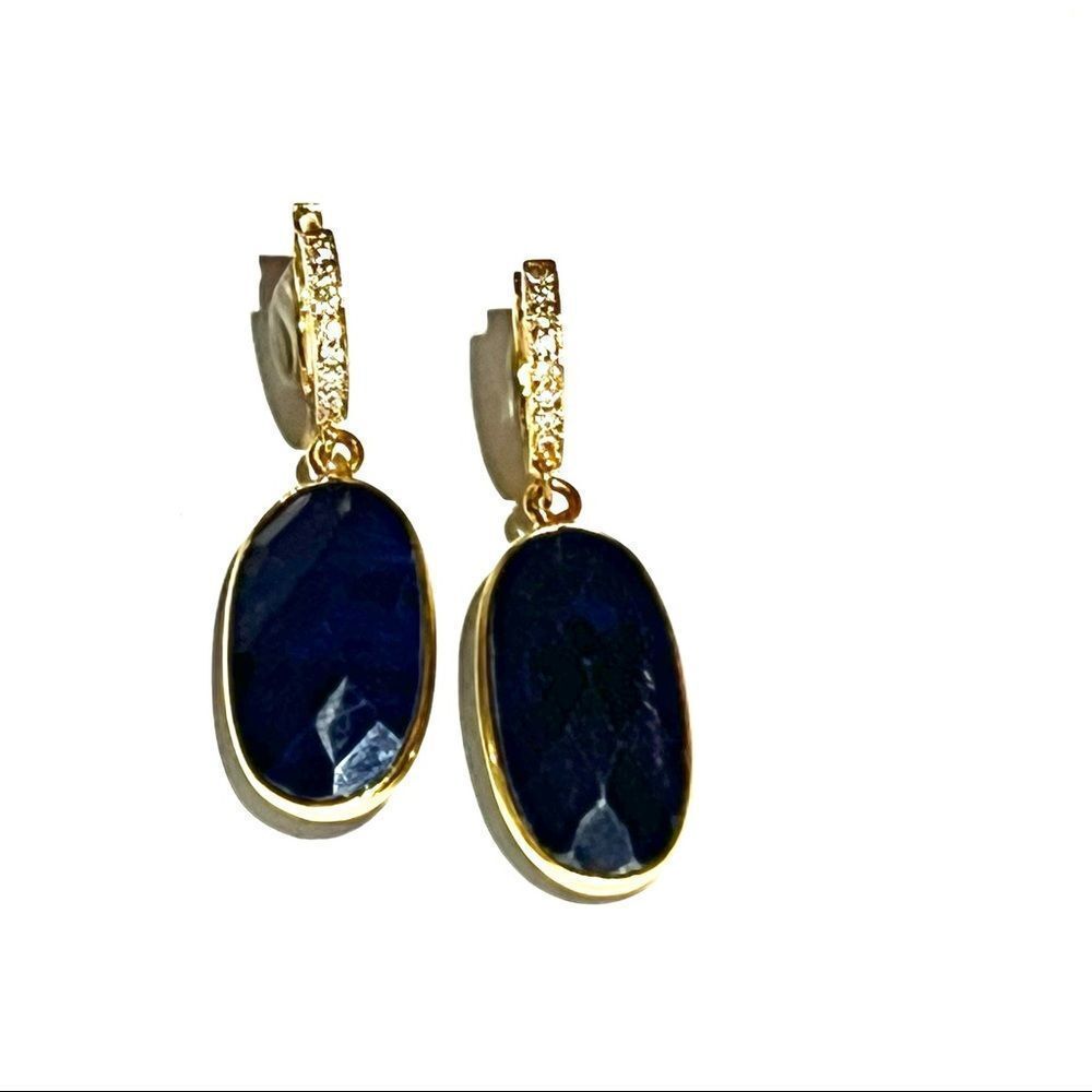 New womens Sapphire genuine gemstone earrings on gold huggie hoops gift for her